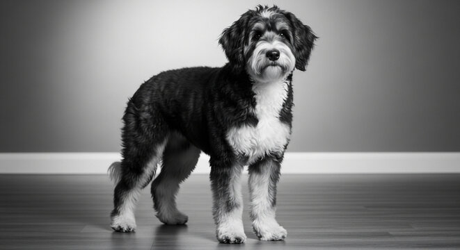 Sheepadoodle stands in a room with a large tail moving in a thick arc showing energy and playfulness during a bright day