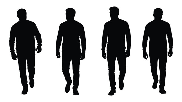 Four silhouetted figures of men walking forward depicted in a stark monochrome style