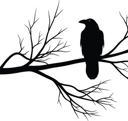 Fototapeta premium Black Crow Silhouette Perched on a Bare Tree Branch Isolated on White Background Minimalist Bird Design for Halloween Nature Spooky and Gothic Themed Projects
