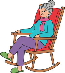 Elderly woman with a grey hair bun and pink scarf relaxing contentedly in a wooden rocking chair.