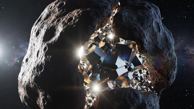 Asteroid Cracked Open Revealing Brilliant Diamond Crystals in Space
