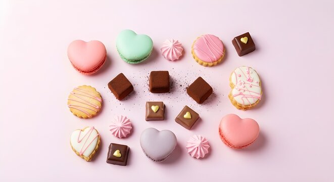 Assorted colorful macarons and chocolates on a white background