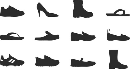 Collection of various shoe silhouettes vector illustration showing different footwear types including sneakers, boots, heels, sandals, loafers, flats, and sports shoes for fashion design.