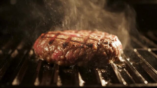 Sizzling gourmet burger patty cooking on a hot barbecue grill, with steam rising and perfect char marks forming, promising a delicious and juicy meal experience