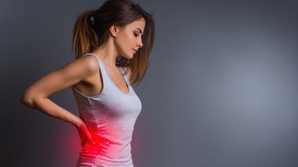 Fototapeta premium Young woman suffering from acute lower back pain with red inflamed area on spine