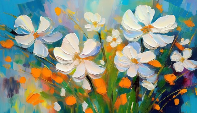 thick brush strokes impressionistic small white flowers background poster decorative painting