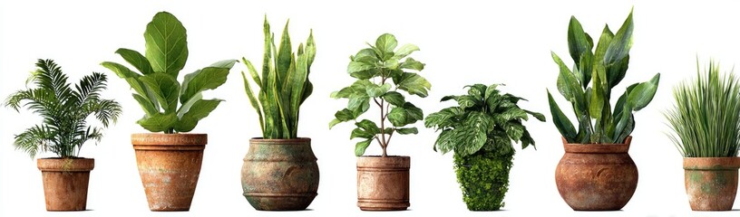 Fototapeta premium Seven potted plants of various species and sizes, displayed in a row on a white background