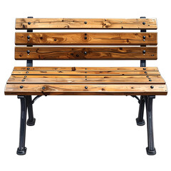 A detailed front view of a wooden park bench with black metal legs