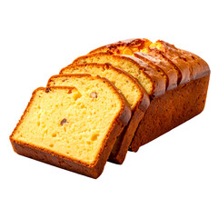 A sliced loaf of golden, moist cake with visible nuts, on a transparent background