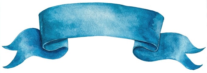 A watercolor painting of a blue ribbon banner, with a textured and decorative design