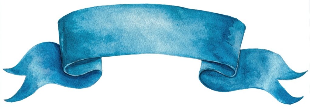 A watercolor painting of a blue ribbon banner, with a textured and decorative design