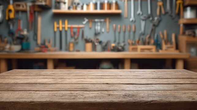 Blurred Background of a Beautiful Workshop Featuring Various Tools and a Rustic Wooden Table Surface