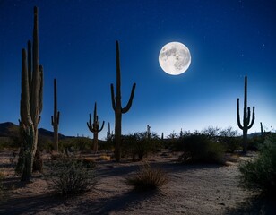 peaceful moonlit desert with cactus silhouettes