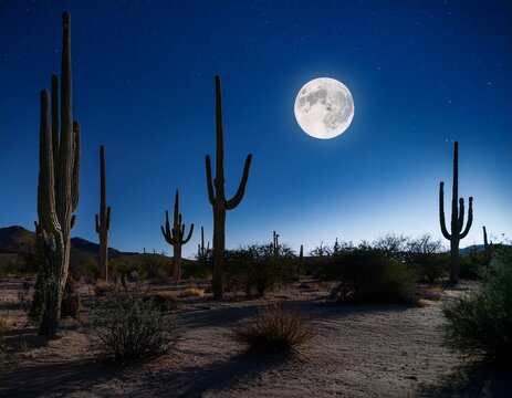 peaceful moonlit desert with cactus silhouettes