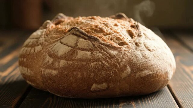Warm, golden-crusted artisan bread loaf with gentle steam wafting, presented on a rustic dark wooden surface, evoking a sense of wholesome freshness and comforting home baking
