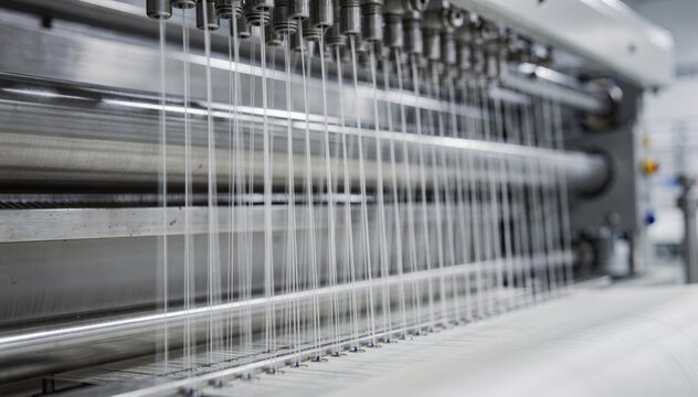 Detailed view of semidull nylon yarn extrusion lines showing smooth filament texture and moderate gloss as fibers emerge steadily from modern machinery.