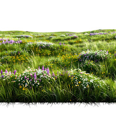 A vibrant meadow with diverse wildflowers amidst lush green grasses, under a blurred sky