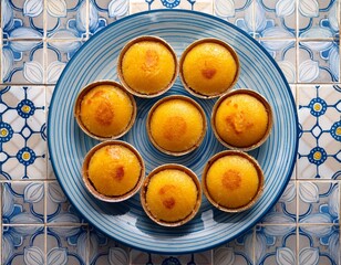 top view of traditional portuguese egg yolk sweets called ovos moles de aveiro on portuguese tiles background