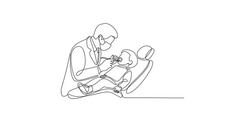 Obraz premium Single continuous line art of a dental examination scene with a dentist and child patient