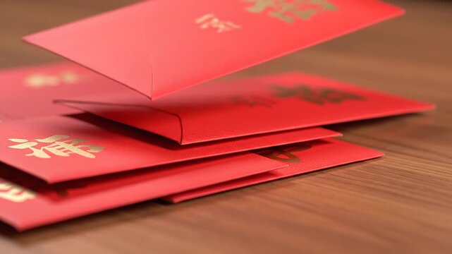 Stack of red envelopes with gold Chinese characters on a wooden surface, with one envelope falling, close-up with shallow depth of field, warm tones, conveying a festive mood.