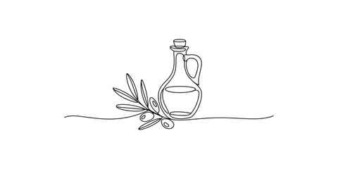 Continuous line drawing illustration of an olive oil decanter with an olive branch © Line Art Gallery