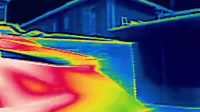 city view street with cars. Image from thermal imager device.