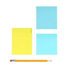 Yellow and blue sticky notes with a pencil, arranged on a black background
