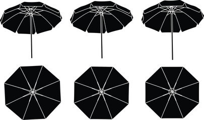 Beach umbrella silhouette vector set with top view and side view parasol icons for summer outdoor design © Fajle