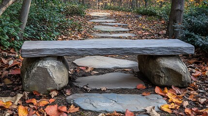 Stone bench on forest path.
