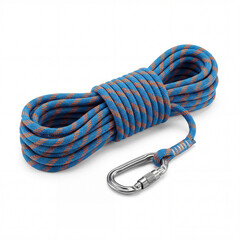 Climbing rope with carabiner in blue and orange color scheme, durable and strong for outdoor activities. Climbing rope features vivid colors and sturdy design, essential for rock climbing, camping,