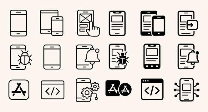 A minimalist line icon set of various mobile devices and coding symbols in outline style, arranged in rows against a clean white background.