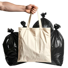 A hand holds a beige tote bag, surrounded by three large black garbage bags