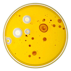 Petri dish with colonies of various shapes & colors growing on a yellow agar medium