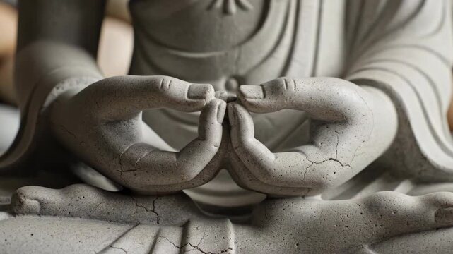 Detailed view of cracked weathered stone meditation figure hands in peaceful spiritual mudra gesture