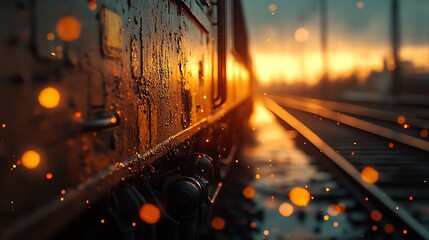 Train at sunset on wet tracks.
