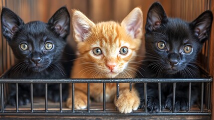 Three Adorable Kittens Peeking Over a Fence with Bright Eyes.