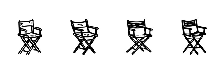 Director'S Chair Icons In Hand Drawn Style Set. Film Industry, Movie Production, Cinematic Art Doodle Sketch Collection. Creative Seating Design. Isolated Vector Illustration