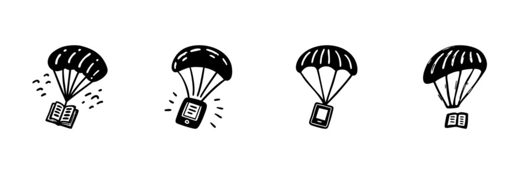 Parachuting Books And E-Readers In Hand Drawn Style Set. Knowledge Delivery, Digital And Physical Reading Access Doodle Sketch Collection. Educational Resources. Isolated Vector Illustration