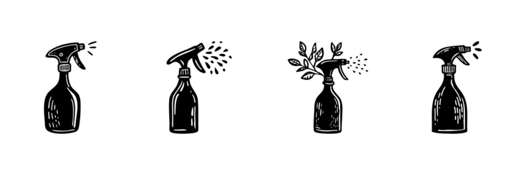 Spray Bottles In Hand Drawn Style Set. Cleaning, Gardening, And Plant Care Doodle Sketch Collection. Household And Environmental Maintenance. Isolated Vector Illustration