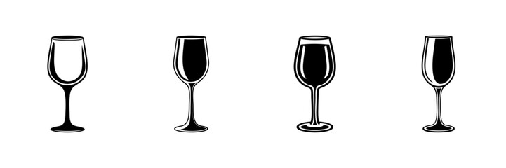 Four Wine Glasses In Hand Drawn Style Set. Elegant Beverage Container Doodle Sketch Collection. Wine Tasting, Celebration, Party Theme. Isolated Vector Illustration