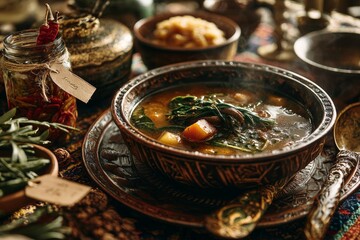 Fototapeta premium Bowl of Pepperpot Stew with rich, dark brown broth, chunks of meat, vegetables on wooden table. Concept of cozy indoor dining with festive Caribbean flavors, meat spice sauce.