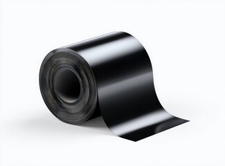 A glossy, black roll of material with one end unspooled, resting on a white surface