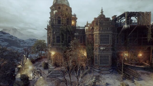 grand ornate facade glowing with warm lights against cool sky, multiple turrets and balconies frame courtyard littered with leaves, textured stone and soft lamp