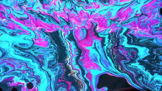 Magenta and aqua paint ripple across black negative space, organic coral-like marbling with layered veins and soft edges, fluid