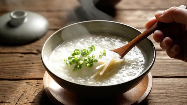 Close up of steaming rice porridge with ginger and green onions. Hand scooping hot congee with a wooden spoon. Healthy traditional Asian breakfast concept