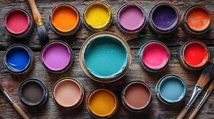 Vibrant Assortment of Open Paint Cans and Brushes on a Rustic Wooden Surface.