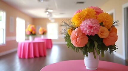 Vibrant Floral Centerpiece on Pink Table at Elegant Event Venue.