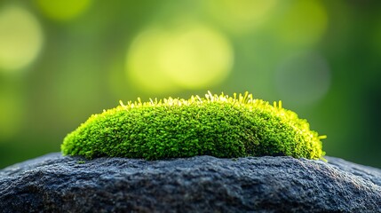 Vibrant Green Moss Growing on a Dark Stone in a Lush Natural Environment.