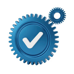 3D rendered blue gear with checkmark symbol isolated on transparent background