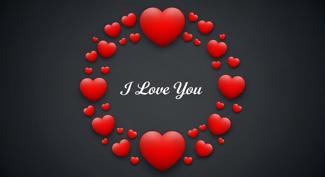 Red heart shapes forming a circle with i love you text on dark background